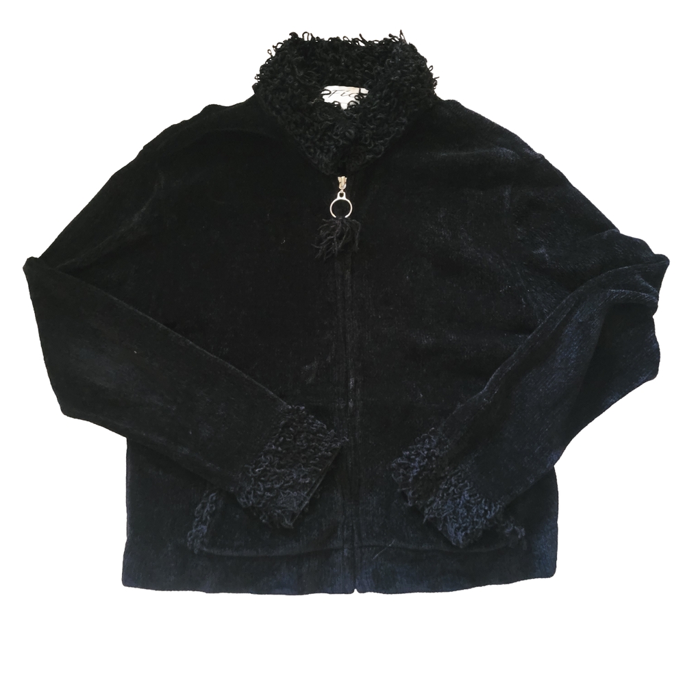 Black Women's Y2k 90s Vintage Goth Grunge Fuzzy Zip Up Sweater Size Small